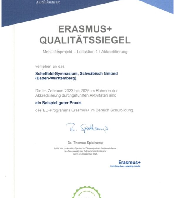 Erasmus+ Auszeichnung 2026 für das Scheffold – ein Beispiel guter Praxis